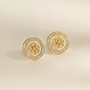 Elegant gold S925 silver camellia stud earrings with zircon halo and mother of pearl