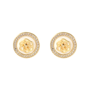 Exquisite S925 silver camellia stud earrings with gold plating and sparkling zircon halo