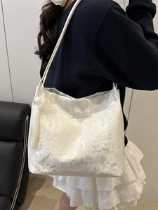 Chic white embroidered tote bag with 3D butterfly floral lace and tassel pendant