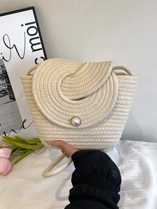 Sac Seau Tressé En Paille Pour Femme Avec Gros Bouton En Künstliche Perle Sac À Bandoulière Pour Vacances Et Plage