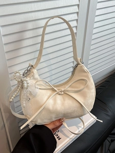Dames Mode PU Leer Hobo Tas Zoete Strik Crescent Schoudertas Met Parel Kant Hanger Handtas Okseltas Crossbody Tas
