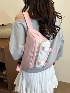 Pink and white patchwork casual crossbody chest bag with adjustable fashion buckle straps