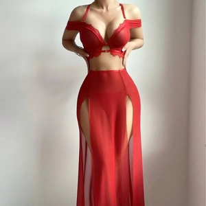 Sexy Lingerie Rot Mesh Spitze Durchsichtig Hoher Schlitz Langer Rock Schlafanzug BH Und String Chemise Für Frauen