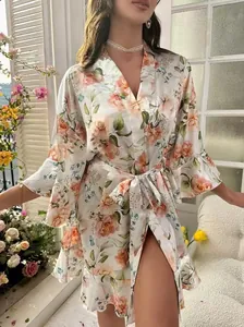 Floral satin robe for women featuring ruffled hems and a matching waist tie belt
