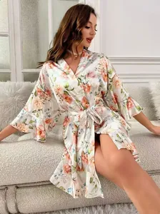 Floral print satin robe with ruffled sleeves and adjustable waist tie belt detail