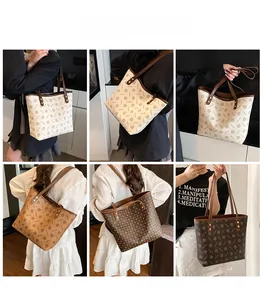 Collage of model wearing vintage pattern tote bags in beige, khaki, and brown colors