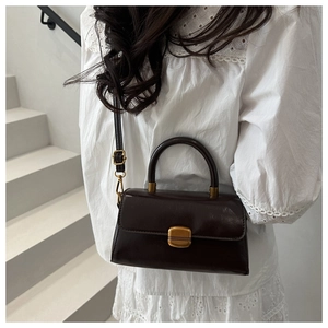 Detail of dark brown leather crossbody bag featuring a gold square lock and handle