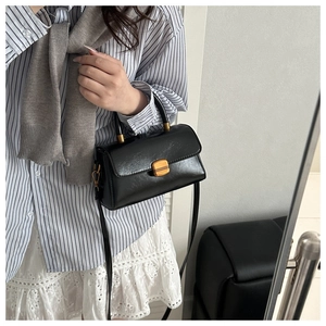 Close-up of retro black square handbag with golden twist lock on a striped shirt outfit