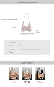 Detailed size chart for the pink bow tote bag showing dimensions and color options