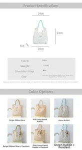 Detailed size specs for cartoon canvas tote bags with illustrations and dimensions