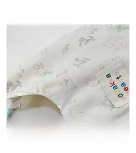Detailed view of floral canvas tote fabric with cute bear prints and woven brand label