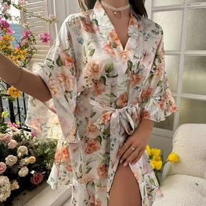Floral satin robe for women with soft pastel flower prints and elegant tie waist design