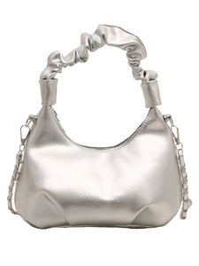 Silver crescent hobo bag with pleated handle and metallic chain strap on white background