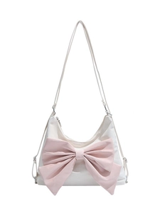 Pink bow white nylon tote bag for women showing spacious sweet commuter shoulder bag design