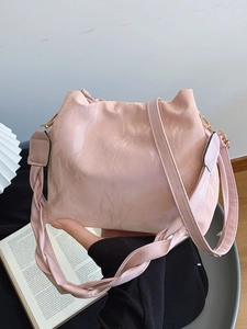 Women Wrinkled PU Leather Bucket Bag With Braided Strap Plush Monster Pendant Casual Crossbody Shoulder Bag For Women