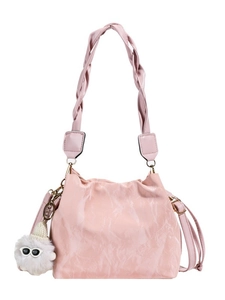 Pink marbled texture bucket bag with woven handle and plush doll charm accessory