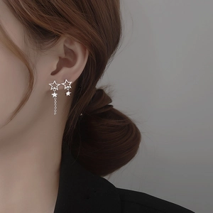 Boucles D'Oreilles Étoiles Asymétriques Avec Tige En Argent Sterling 925 Cuivre Zircone Longue Chaîne À Pompons Pour Femmes