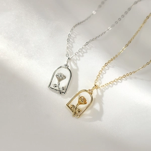 Elegant 925 sterling silver rose pendant necklace in gold and silver finish with zircon