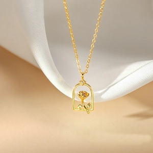 Elegant 925 silver gold-plated rose necklace in bell jar pendant with crystal accent