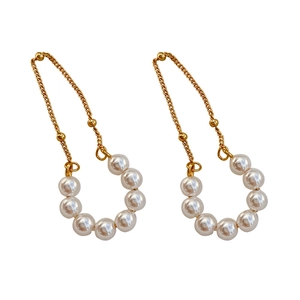 925 silver clip-on earrings with white pearl tassels and golden chains for women