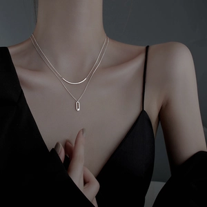 Double Layer Necklace Geometric Oval Rhinestone Pendant Curved Bar Minimalist Chic Fashion Jewelry For Women Elegant