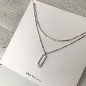 Minimalist S925 silver double layer necklace with polished bar and pavé oval pendant