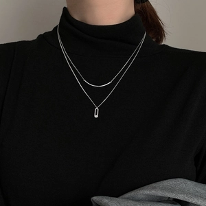 Double-layer S925 silver necklace with curved bar and diamond-set rectangle pendant