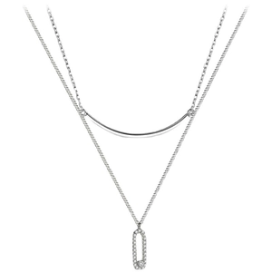 Double-layered S925 silver necklace with curved bar and sliding diamond paperclip pendant