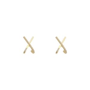 Elegant gold cross stud earrings with sparkling pave zircon micro-inlay on white background