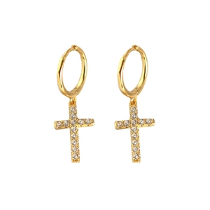 Boucles d'oreilles croix dorées style coréen avec zircons pavés et anneaux élégants