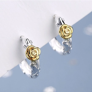 Rose Flower Huggie Hoop Earrings Vintage Copper Two Tone Gold Silver Plated Elegant Floral Jewelry For Women