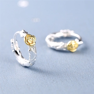 Elegant silver hoop earrings featuring detailed golden rose accents with S925 engraving