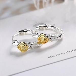 Elegant two-tone rose flower hoop earrings in silver and gold finish for women