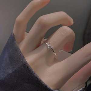 Minimalistische zilveren kraanvogel ring met zirkonia gedragen aan de vinger