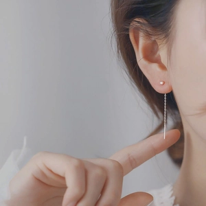 Minimalist S925 sterling silver drop chain earrings featuring a polished silver bead design