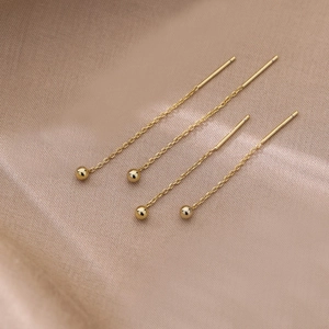 Elegant gold-tone S925 silver threader earrings with polished round beads on champagne silk