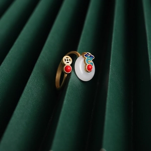 S925 silver Chinese style cloud ring with Hetian jade and vintage matte gold finish