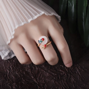 Chinese Style Auspicious Cloud Open Ring Copper Enamel Inlaid Faux Hetian Jade Retro Adjustable Finger Jewelry For Women