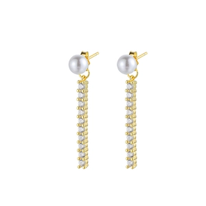 Elegant gold drop earrings with round white pearls and vertical pavé zircon stones