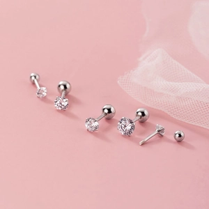 Set of five S925 silver stud earrings with sparkling cubic zirconia and screw-back closure