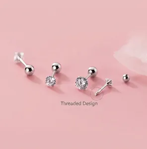 S925 sterling silver screw-back stud earrings with round cubic zirconia for women
