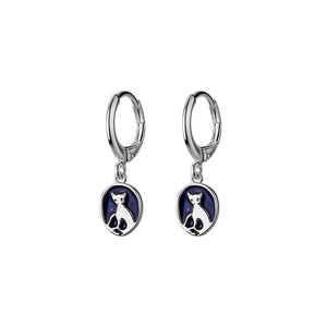 Detail of silver cat earrings with blue enamel oval pendants and polished hoops