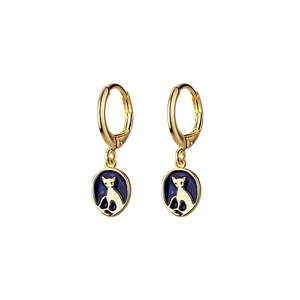 S925 silver gold-plated hoop earrings featuring blue enamel cat silhouette pendants