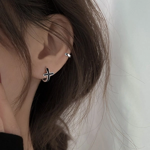 Boucles D'oreilles Créoles Croix Noire Avec Tige En Argent Sterling 925 Cuivre Émail Bijoux Gothiques Pour Femmes Hommes