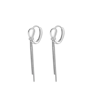 Minimalist S925 sterling silver knot earrings with long tassel chains on white background