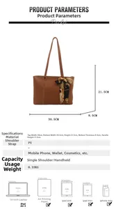 Brown PU leather tote bag size chart with dimensions and daily capacity comparison