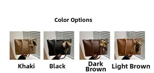Detail view of large tote bags in khaki, black, and brown with decorative silk scarves