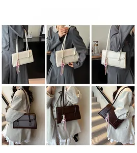 Collage of chic underarm shoulder bags in cream and dark brown with cute charms