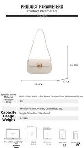 Detailed size chart for the off-white PU leather shoulder bag with dimensions and capacity