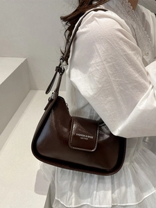 Chic dark brown glossy patent leather underarm baguette bag for women with adjustable strap